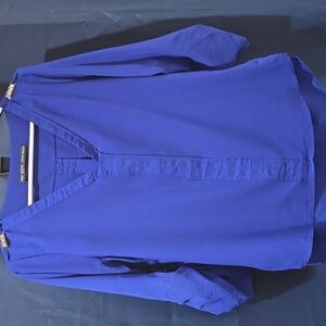 Zara Basic Blue V-Neck Blouse with Gold Accents